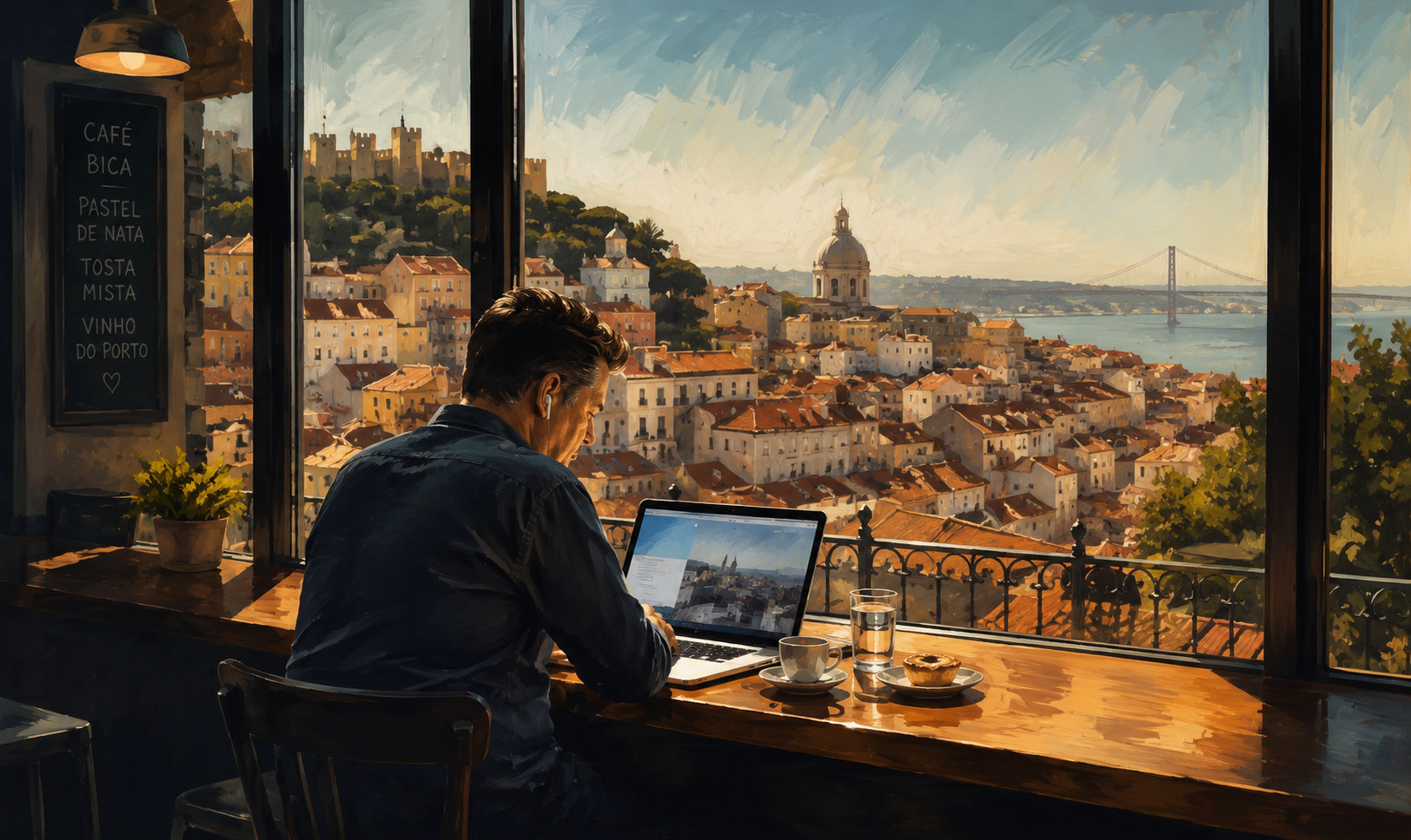 A trabalhar num café com vista sobre Lisboa